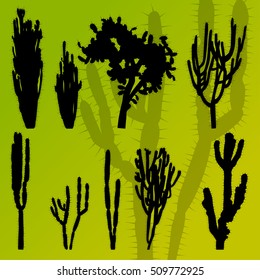 Cactus detailed silhouettes collection nature desert landscape illustration vector background