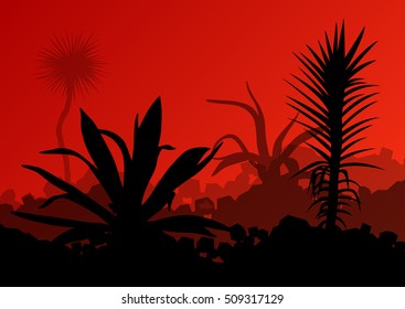 Cactus detailed silhouettes nature desert landscape illustration vector background