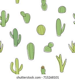 Cactus doodle pattern. Vector seamless background. Ready for printing on textile and other seamless design.