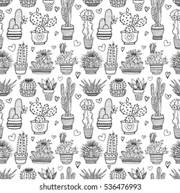 Cactus doodle seamless pattern. Hand drawn vector background, sketch collection of house plants. Natural design elements.