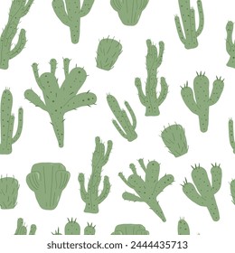 Cactus doodle seamless pattern. Mexican exotic plant endless background. Nopal repeat cover. Vector hand drawn flat illustration.