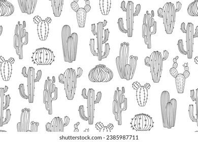 Cactus doodle seamless pattern. Trendy outline contour succulent plants repeat ornament. Endless desert cacti for wallpaper, packaging, background, textile decor. Exotic boundless vector illustration