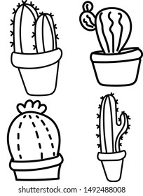 Cactus doodle set of 4 beautiful quirky hand drawn variety of dessert plants cute adorable illustration