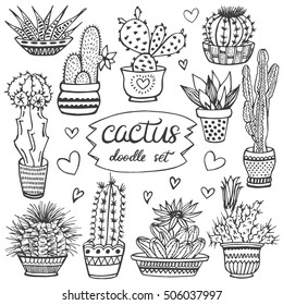 Cactus doodle set. Hand drawn vector illustration, sketch collection of house plants. Natural design elements.