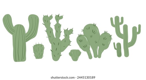 Cactus doodle set isolation on white background. Mexican cacti. Exotic various plants collection Vector flat illustration