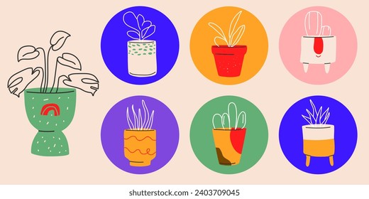 Cactus doodle set.Hand drawn vector illustration,sketch collection of house plants.Bright design elements for stickers,poster,print.Trendy style