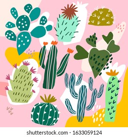 Cactus doodle style. Hand drawn cacti plant. Simple cute cartoon flower design. Vector illustration