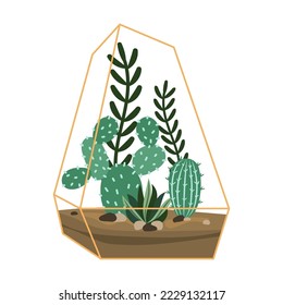 Cactus en el terrario de doodle. Dibujo vectorial de dibujos animados de Florarium. Planta tropical, decoración, interior botánico, concepto de jardinería