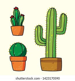 A cactus doodle vector illustration set. Coloring in color pencil style. Cute cactus in the pot.