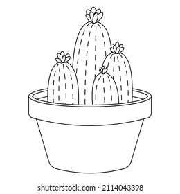 Cactus Doodle Vector. cactus plants in a cartoon style. Line art with no fill. Cactus plant in a flower pot. Potted house plants. Isolated on white background.
