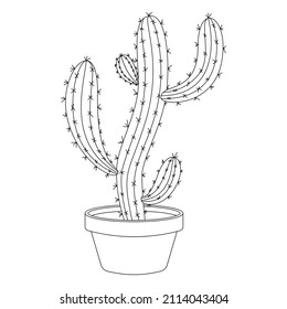 Cactus Doodle Vector. cactus plants in a cartoon style. Line art with no fill. Cactus plant in a flower pot. Potted house plants. Isolated on white background.