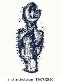 Cactus double exposure tattoo and t-shirt design. Skull  bull, moon and desert. Symbol of Wild West, travel, mysticism and shamanism 