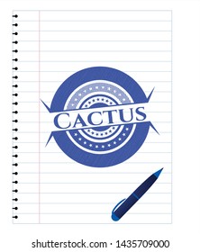 Cactus draw with pen effect. Blue ink. Vector Illustration. Detailed.
