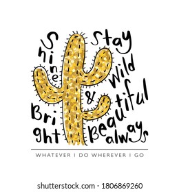 Cactus drawing with gold glitter / Design for t shirt prints, fashion graphics, posters, stickers etc