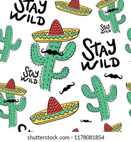 Cactus drawing with Mexican hat and mustache seamless repeating pattern texture / Vector illustration design for fashion fabrics, textile graphics, wallpapers and other uses