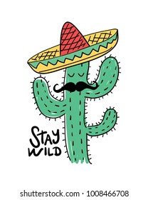 Cactus drawing with Mexican hat / Vector illustration design