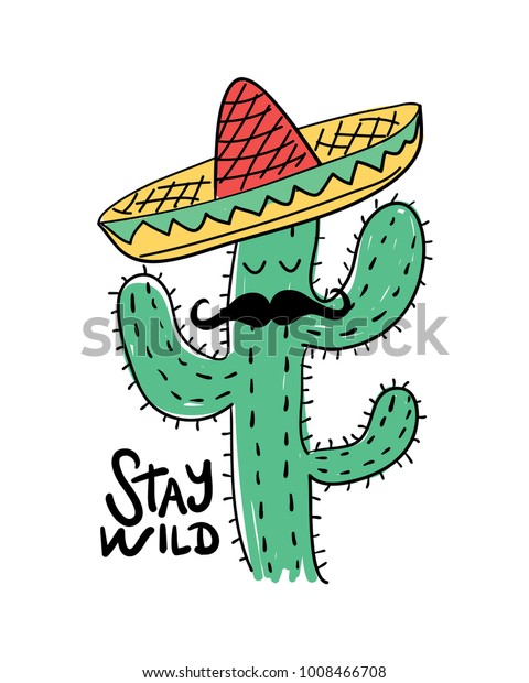 Hold op jage Kvadrant Kaktus tegning med mexicansk hat/Vector illustration Stock-vektor  (royaltyfri) 1008466708