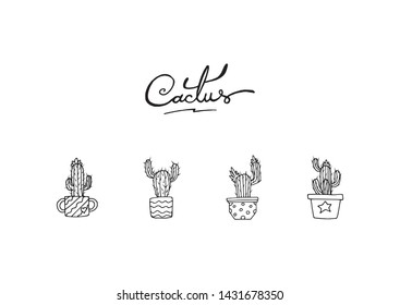 Cactus drawing simple outline vector decoration. House plant sketch logo icons with letters tittle. Cute cacti plant outline silhouette graphic logo symbol decoration with calligraphy font text.