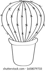 Cactus is drawn in black doodle style. Coloring book children`s flora, beautiful vector drawing.