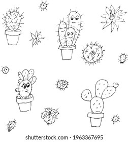 Cactus drawn with a black pen in different angles pattern
