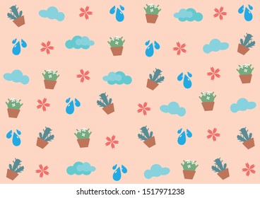 Cactus, drop of water, flower And clouds. Seamless pattern pink background