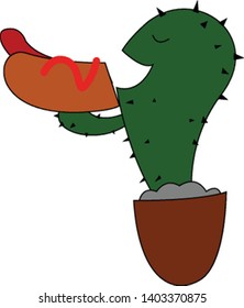 A cactus eating a big hot dog with its wide mouth , vector, color drawing or illustration.