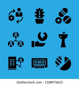 cactus, ecology, pills, office block, cassette, sink, collaboration, management and pie chart vector icon. Simple icons set