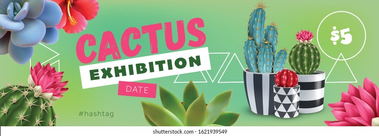 Cactus exhibition horizontal ads poster with date price and images of flowering plant varieties in pots vector illustration  