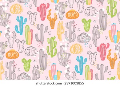 Kakteen exotisches, grunges, nahtloses Muster. Trendy Cartoon handgezeichnet strukturierte sukkulente Pflanzen wiederholen Ziergegenstände. Scrapbook botanische Farbe Wüste Kakteen endlose Dekoration. Cactus wallpaper illustrative