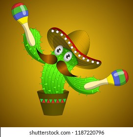 Cactus with eyes in a sombrero with a mustache and maracas in a pot, made on a Mexican motif, style, To the day of the dead.