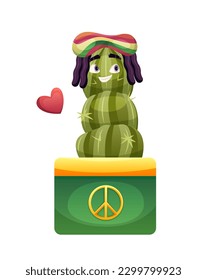 Cactus with face icon. Funny houseplant dressed up in hippie costume. Prickly flower in pot with pacific symbol, hat, dreadlocks, eyes and mouth. Cartoon flat vector illustration on white background