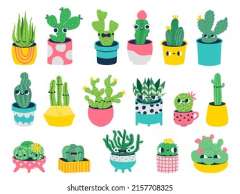 Cactus with faces. Cute cartoon characters in pots with funny faces, smiley mascot plants for kids illustration. Vector set of cute characters cactus, plant pot design