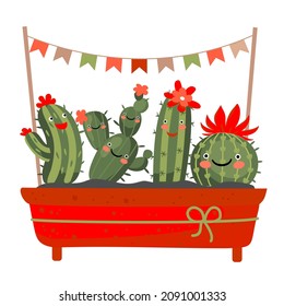 A cactus family in a large pot is celebrating. Vector clipart.