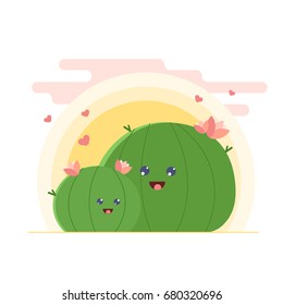 Cactus family vector drawing. Cute cartoon cacti mother and daughter in love, funny Mothers's day illustration.