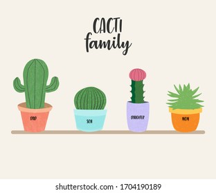 Cactus family vector set. Hand-drawn illustration. Simple childish cactus set. Cacti family of mom, dad and kids. 