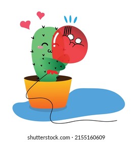 The cactus fell in love with the balloon, so hugged the balloon tightly. Beautiful childish simple trendy art for st. wall art or summer teenager female clothes, mugs, posters, stickers etc.