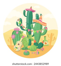 Cactus Festival vector illustration. Cacti in sombreros with guitar and maracas celebrstiong festival. Holiday, Mexican culture and traditions, celebration concept