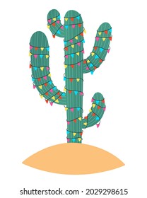 Cactus with flags garland as carnival decoration. Mexican holiday celebration. Hand drawn vector illustration in doodle style