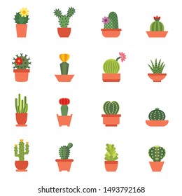 Cactus flat icons on a white background. Home plants cactus in pots and with flowers.