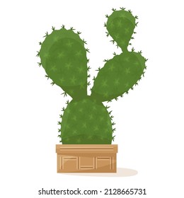 Cactus with a flat large body and thorns. Succulent in a flower pot, a houseplant for home, office, greenhouse.  Vector icon, color cartoon, complex flat, isolated