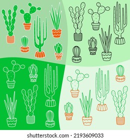 Cactus In A Flat Style. Collection, Line Art, Icon 