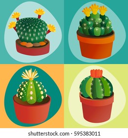 Cactus flat style nature desert flower green cartoon drawing graphic mexican succulent and tropical plant garden art cacti floral vector illustration.
