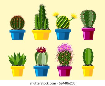 Cactus flat style nature desert flower green cartoon drawing graphic mexican succulent and tropical plant garden art cacti floral vector illustration.