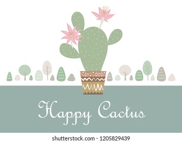 The cactus floral design and greetings on the background of the tree and two contrasting colors.