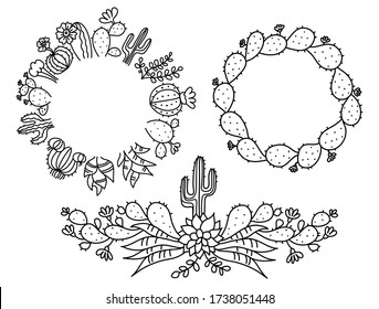 Cactus Floral Frame. Set Hand drawn outline cactus with flowers. Vector set cacti, aloe and succulent Collection of exotic plants hand drawn black illustration isolated on white
