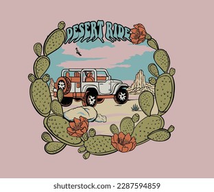 cactus floral frame vector design, western desert adventure vector illustration, desert car ride, arizona desert design for t shirt, sticker clothing