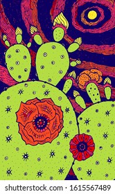 Cactus - floral illustration. colorful plant drawing. Graphic psychedelic multicolored line art. Vector artwork.