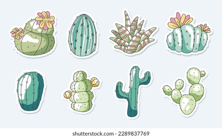 Cactus floral plant cute succulent stickers set. Vector graphic design element illustration