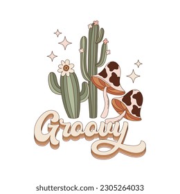 Cactus con flores, hongos con ilustración vectorial de la huella de vaca. Texto groovy. Diseño estético salvaje del oeste.