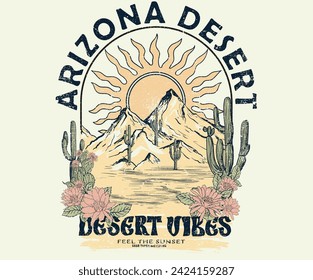 Cactus and flower artwork. Desert national park, Desert vibes vector graphic print design for apparel, sticker, poster, background and others. Arizona t-shirt artwork design.	